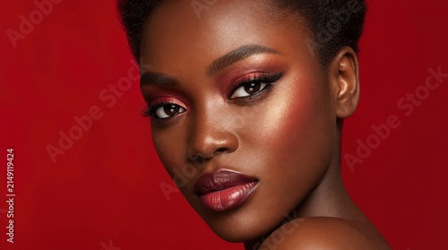 Professional beauty portrait of young woman with red makeup and glowing skin
