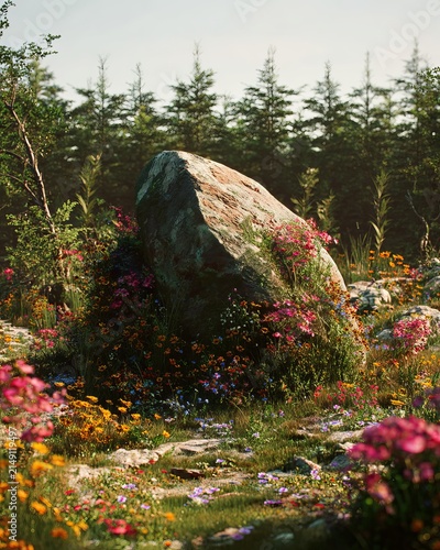 Enchanted Forest Glade - A Moss-Covered Boulder Amidst Wildflowers and Evergreens.