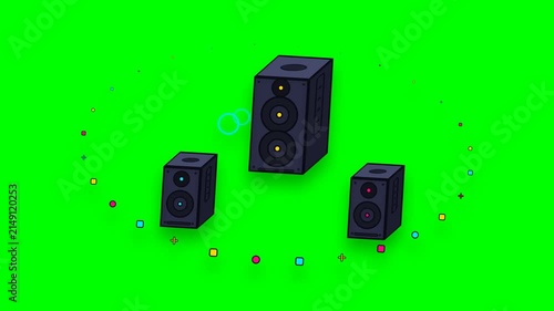 Professional Audio Speakers Illustration with Dynamic Colorful Geometric Elements on Green Screen