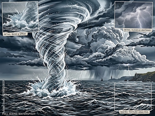 Dramatic tornado over stormy ocean waves.