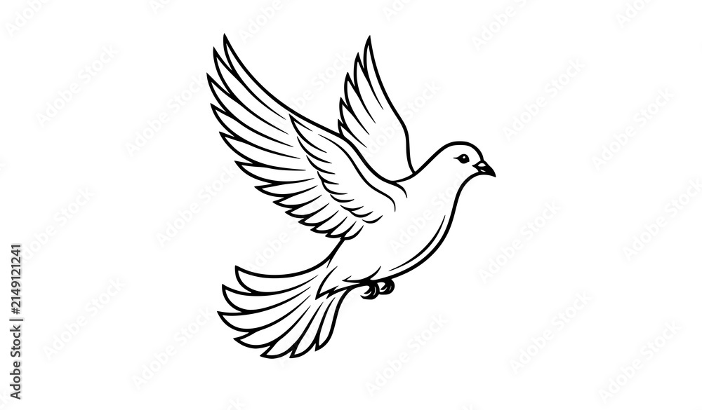 Fototapeta premium Flying Dove Outline Vector Illustration with Peace Pigeon Line Art Isolated on White Background