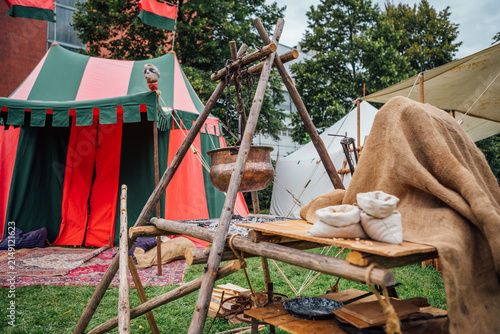 Canvastavla Medieval Festival Camp Scene With Colorful Tent Open Fire Pit And Wooden Table S