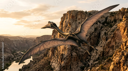 Majestic Quetzalcoatlus Dinosaur Soaring Over Rugged Cliffs During Golden Hour Sunset