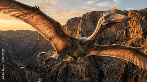Majestic Quetzalcoatlus Soaring Over Rugged Mountains at Sunrise