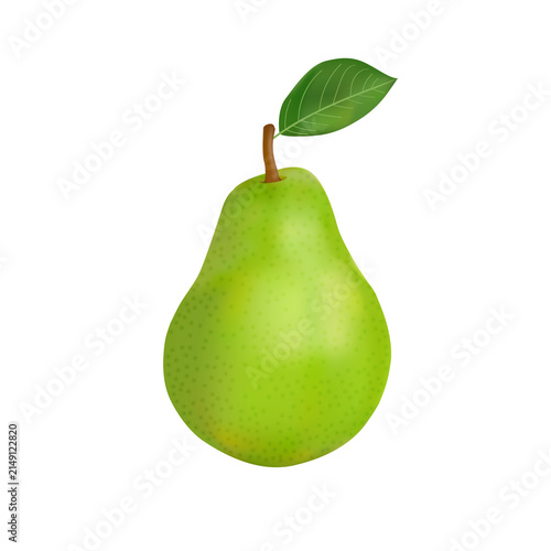 Fresh green pear fruit with leaf isolated on white background