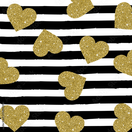 glitter hearts on black and white stripes seamless pattern background