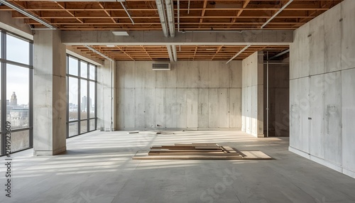 Unfinished Modern Office Space Interior Under Construction, Commercial Renovation Project, Industrial Workspace, Architecture Development and Building Fit Out