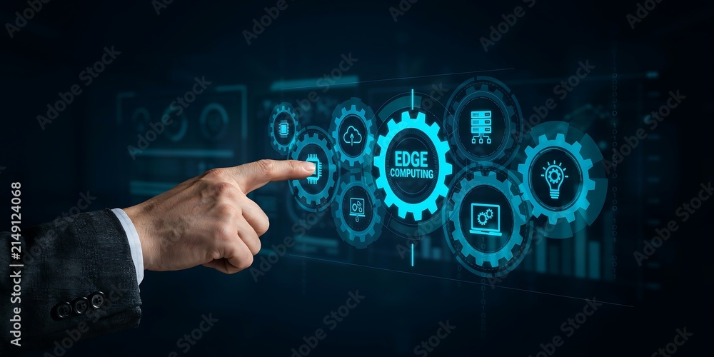 Fototapeta premium Businessman Touching Virtual Screen with Edge Computing Network and Gear Icons