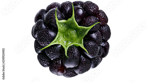 Foto Juicy dark blackberry with water droplets and green calyx, isolated on transpare
