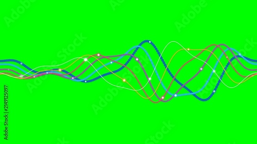 Abstract colorful wavy lines with glowing dots and beads on green screen background for chroma key editing