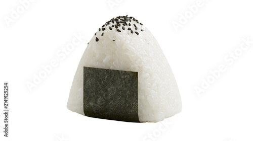 Triangular Japanese rice ball with nori seaweed and black sesame seeds, isolated on transparent background