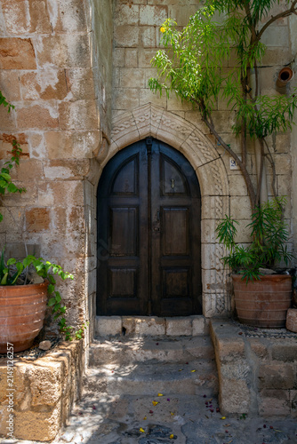 Old wooden door in a stone wall with plants around in Lindos