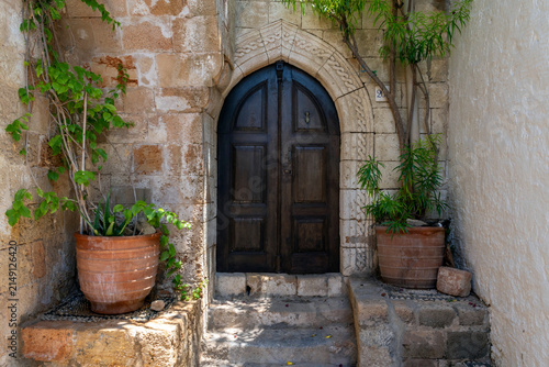 Old wooden door in a stone wall with plants around in Lindos
