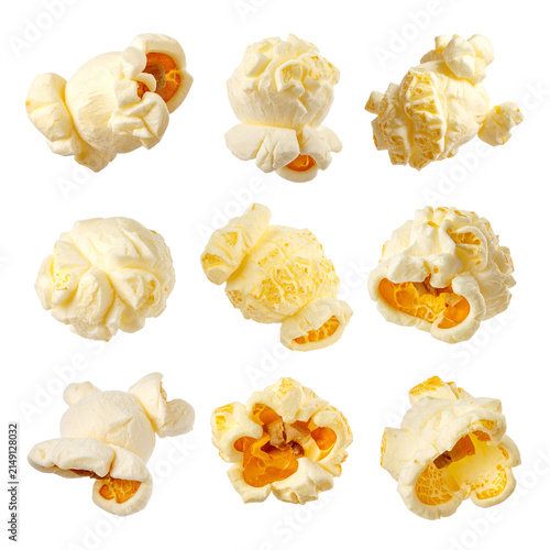 Nine Different Popped Corn Kernels: A curated collection of nine unique popcorn kernels, showcasing their fluffy, irregular shapes and golden yellow centers.
