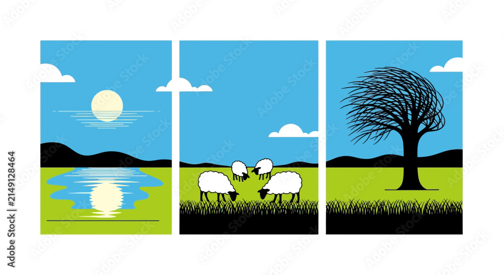 Fototapeta premium Flat vector illustration of a sheep meadow landscape triptych