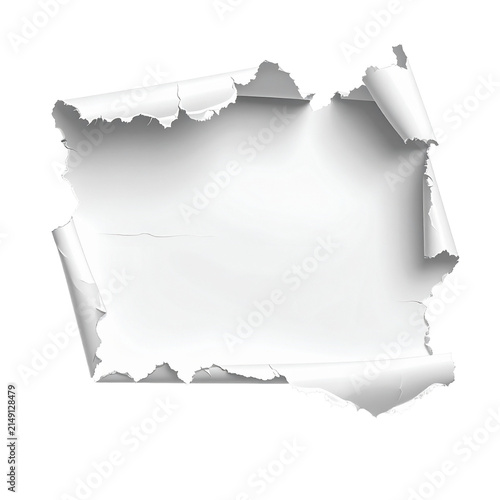 Torn Paper Texture: A ripped piece of white paper reveals an empty space, perfect for adding custom text or graphics. This textured element adds a dynamic and distressed feel to any design project.