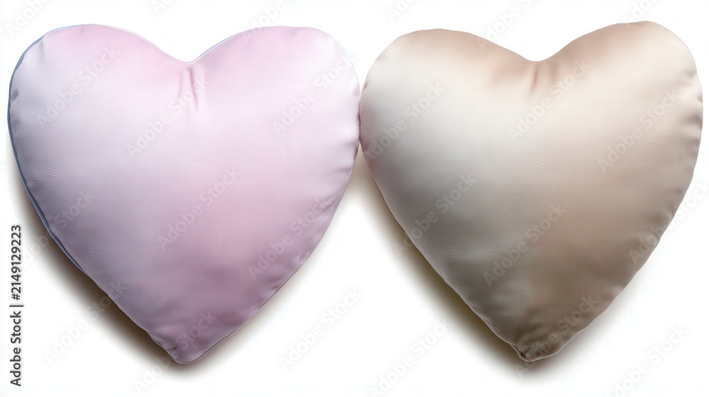 Fototapeta premium Two heart-shaped pillows, one in soft pink and the other in a warm beige, create a cozy and inviting atmosphere, making them ideal for decor in living spaces, bedrooms, or Valentine's themes,