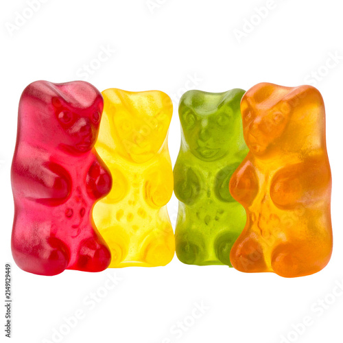 Gummy Bears in a Rainbow of Flavors: A vibrant collection of four gummy bear candies in red, yellow, green, and orange, showcasing their chewy texture and fruity appeal.