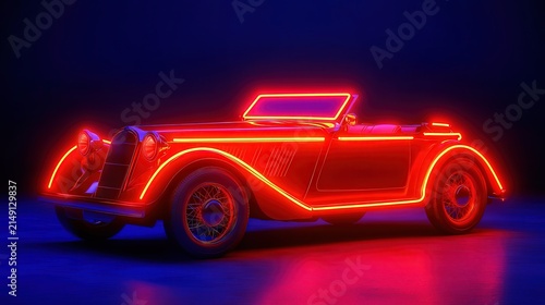 A retro-styled convertible illuminated with vibrant neon lights, set against a dark background, Ideal for advertising, vintage car enthusiasts, or nightlife-themed projects,