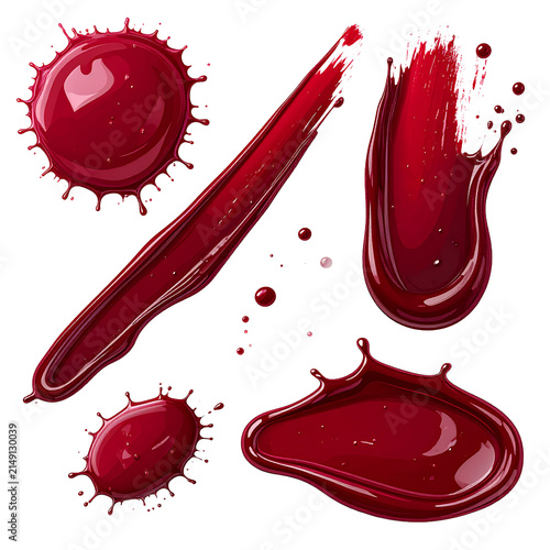 Crimson Splatter Collection: A dynamic arrangement of vivid red liquid splatters and strokes, showcasing the fluidity and texture of the vibrant substance in various abstract forms.