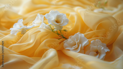 Roses are scattered on light yellow soft fabric with folds. Romantic abstract background. Valentine's Day, wedding, love. Close-up