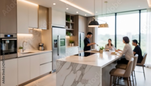 Modern luxury kitchen island interior blurred people eating lifestyle home background apartment architectural design dining space