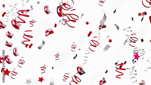 Confetti falls in bright colors above a waving national flag of Greenland. The 3D animation shows the lively atmosphere during a celebration. This display shows joy and pride during events