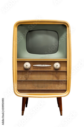 Retro television device from the 1950s isolated on transparent background. Vintage TV with a switched off screen. Front view of the analog electronic object used at home.