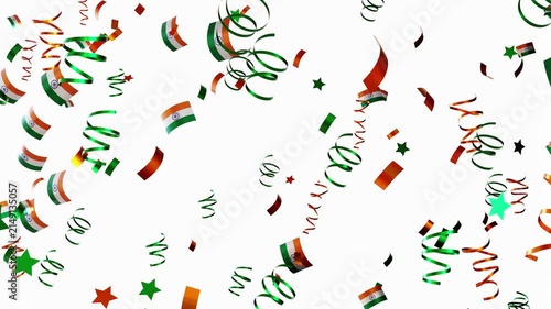 Confetti falls in the colors of a national flag of India. The celebration takes place in a joyful setting. Animated elements create excitement and energy all around