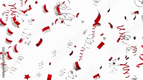 Confetti falls down featuring national flags of Indonesia. This animation shows the colors and patterns associated with various countries during festive moments