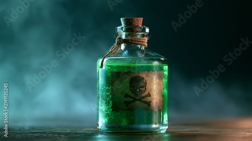 Poison, a green liquid, sits in a glass bottle. Deadly potion marked with skull and bones. Copy space. 3D art.