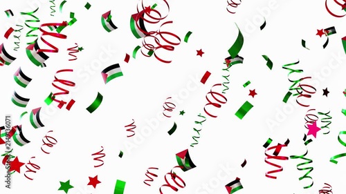 Colorful confetti falls in a playful manner as national flags of Palestine appear and disappear in a lively 3D animation. The celebration showcases a festive atmosphere with vibrant colors