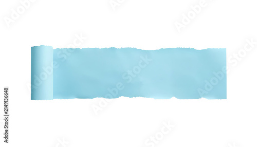 Horizontal strip of light blue paper with a curled edge isolated on white background with featuring distinct curled against clean white torn paper
