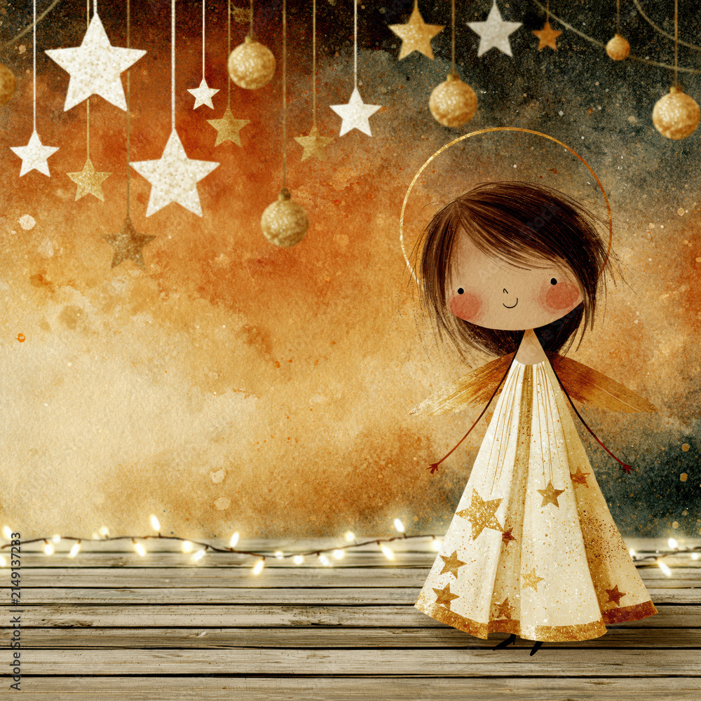Obraz premium Cute Christmas Angel Watercolor Background – AI Generative