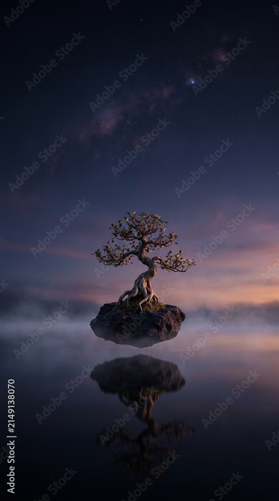 Obraz premium Surreal bonsai tree on small floating island above calm lake reflecting starry night sky.