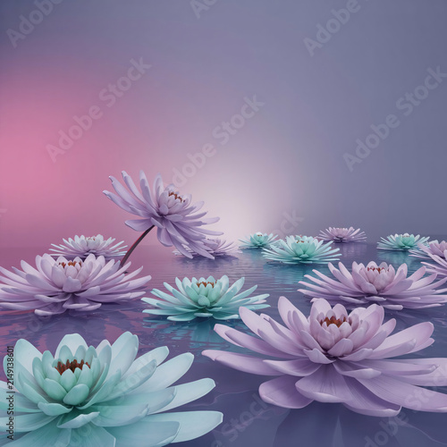 Water lilies drift in a tranquil aquatic setting with soft purple and blue tones that create a dreamy and ethereal aesthetic suitable for spa branding or calming wellness background imagery.