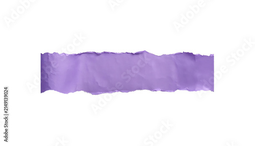 Horizontal strip of purple textured paper with jagged torn edges isolated on white background with edges centered against vibrant purple paper uneven
