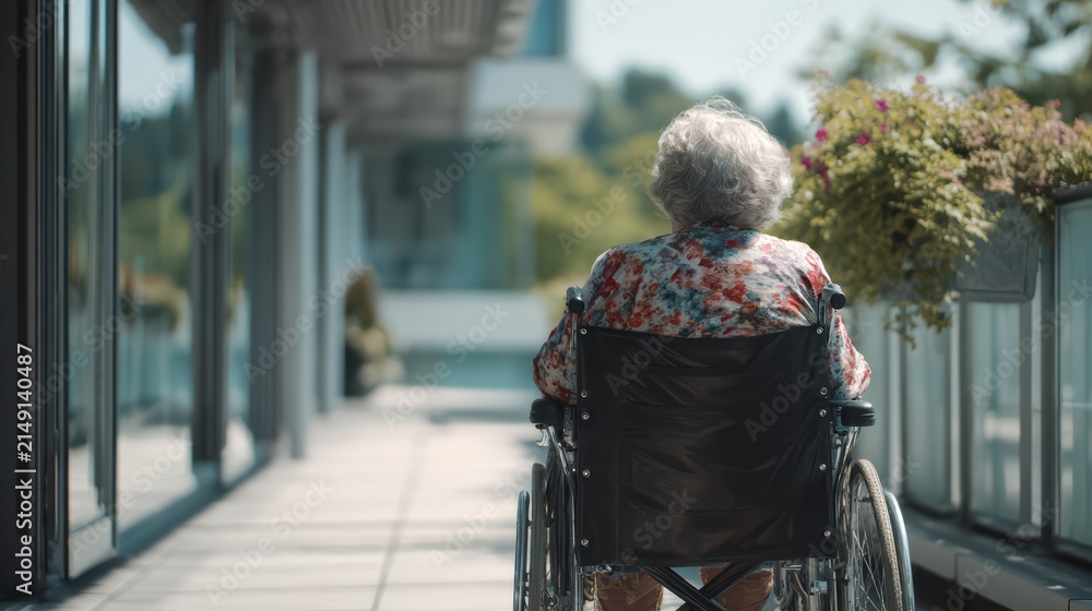 Obraz premium Elderly woman outdoors in wheelchair, hospital terrace, realistic anatomy, 85mm f/1.4 lens, soft background
