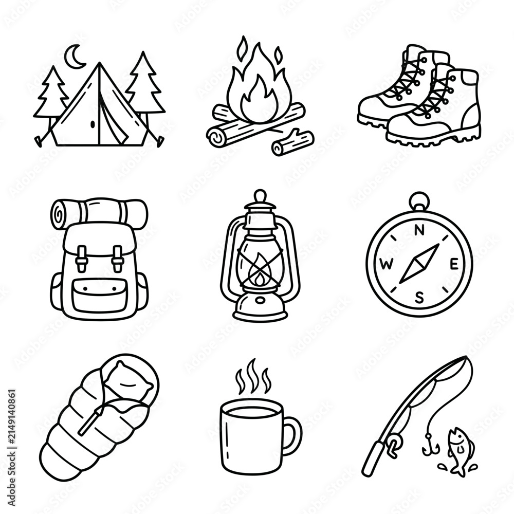 Fototapeta premium Survival and camping equipment line icons collection.