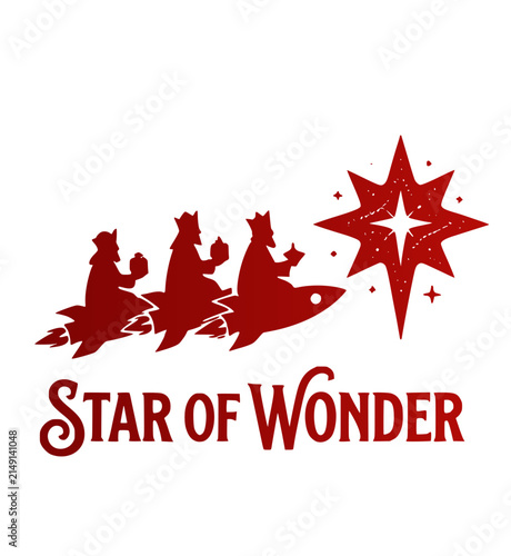 Red silhouette quirky winter holiday emblem featuring the three wise men riding space rocket ships and a star of wonder ribbon banner vector graphic