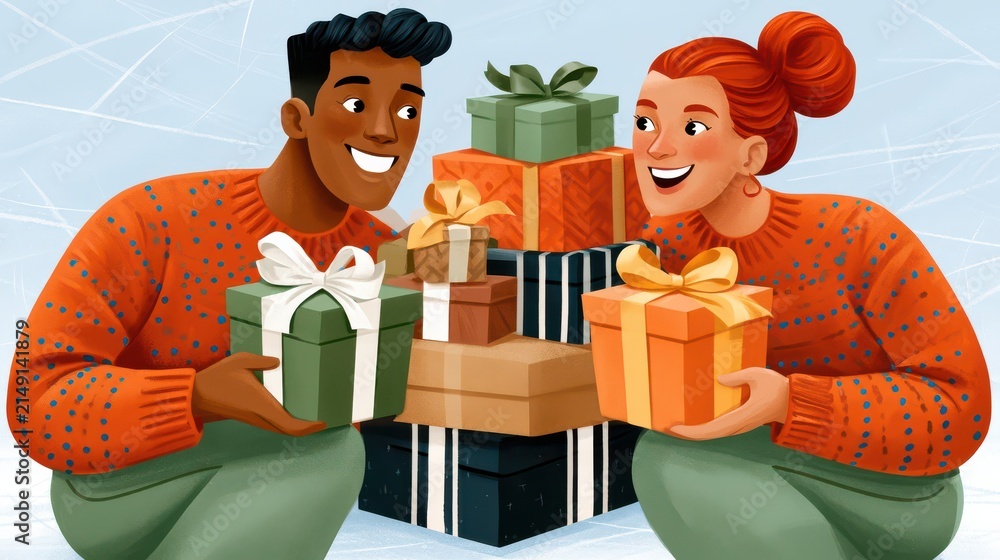 Obraz premium Young couple exchanging Christmas gifts while ice skating in cozy holiday sweaters and smiling