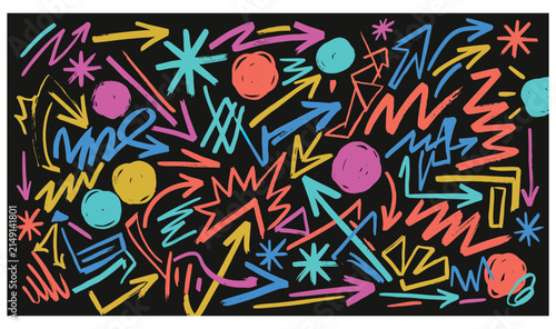 Colorful Abstract Doodle Pattern – Memphis Style Background Design
Retro Memphis Background – Arrow, Zigzag & Star Doodle Pattern