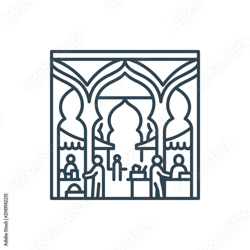 Traditional bazaar architecture and market scene illustration.