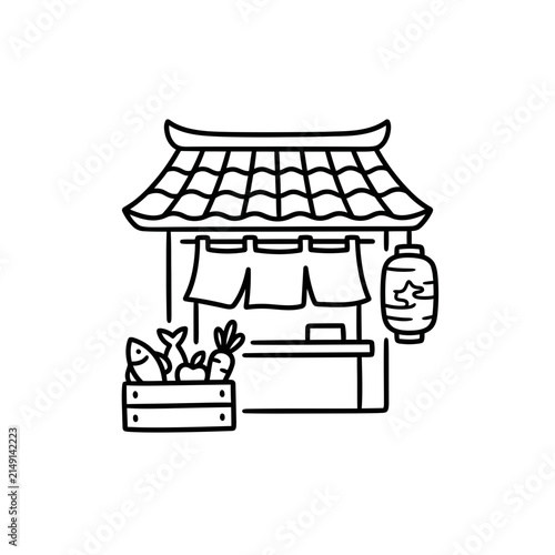 Traditional Japanese fish market stall line art.