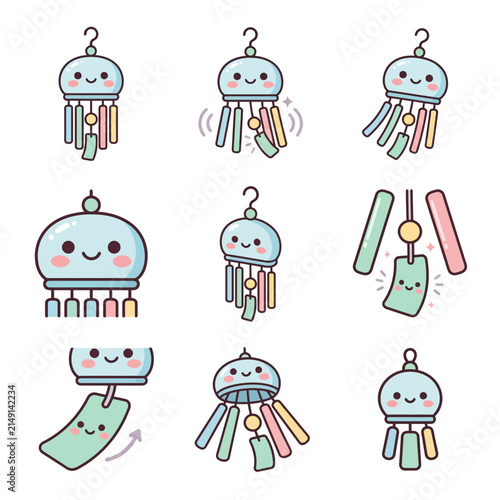 Traditional Japanese style wind chime or jellyfish characters with decorative tags.