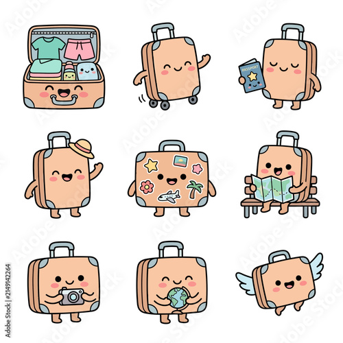 Traveling suitcase characters set with vacation themes.