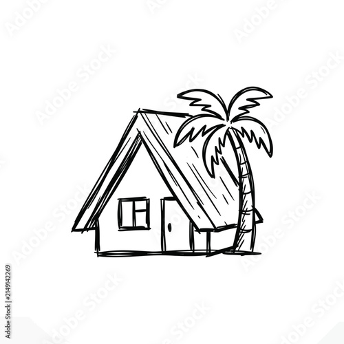 Tropical beach bungalow with palm.