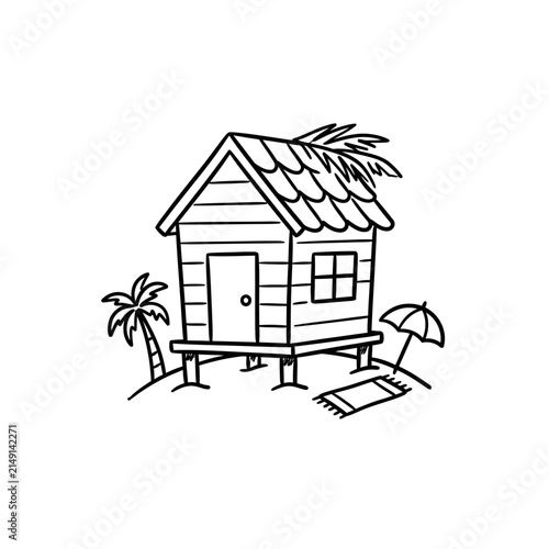 Tropical beach hut and palm tree coastal sketch.