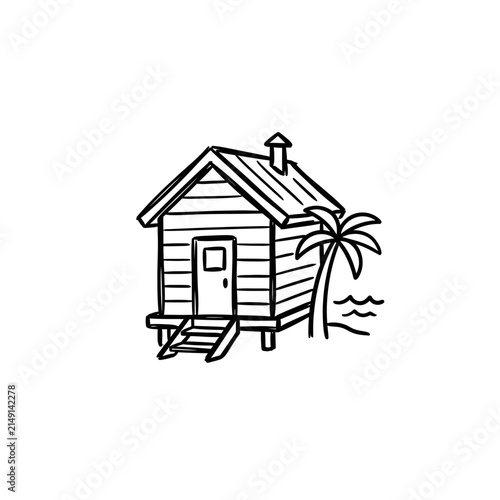 Tropical beach hut with palm trees.