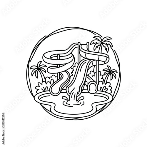 Tropical water park scene with slides and palm trees.